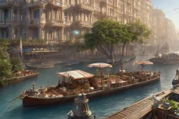 Boat restaurants in front of Empire Metropolis+hanging garden of babylon+karnaca+rome+istanbul+Burano+barocco Skyscraper+steampunk+colorful city,alphonse mucha,greg rutkowski,matte painting, cryengine