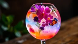 A cocktail served in a clear, spherical glass, filled with layers of colorful, translucent liquids and garnished with edible flowers and fresh herbs. The drink emits a gentle, glowing light from within. Award-winning photograph, beautiful composition, exquisite detail and illumination