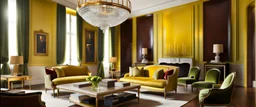 Louis XVI style living room, photo-realism, (((ink leak))), (((negative space))), (((double exposure))), colors of warm yellow, gold, beige, apple green and mahogany