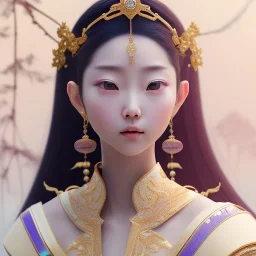 smooth hyper realistic, beautiful Japanese goddess, pale colors, run on dark cosmos background, cat еye, extremely sharp detail, finely tuned detail, ultra high definition, 8 k, unreal engine 5, ultra sharp focus, accurate sword wings, positive smile, lot of details, fit within portrait, Ambiance winter, perfect composition, perfect hair, perfect hands, finger up gestures