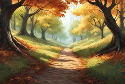 illustration {a scene showing a dirt path leading away from viewer in a thick maple grove} digital art, semi-realistic, fantasy, realistic