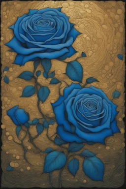 Surreal-dadaism of beautiful blue roses fauvism mondrial by Ross Draws,Andy Kehoe, Hokusai, bold colors,gold foil, zentangle art by Norman Rockwel