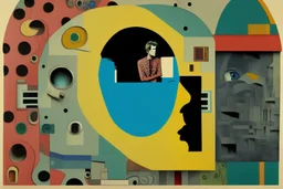 man with head inside a Hole in the wall bank machine in the style of Eileen Agar