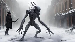 TALL NASTY ALIEN CREATURE HALF CYBORG FIGHTING A BRITISH SOLDIER, snowy london street 1898, the snow, SNOW ON THE GROUND, BURNING DEBRI LIES ALL AROUND, PHOTO REALISTIC, EPIC, CINEMATIC