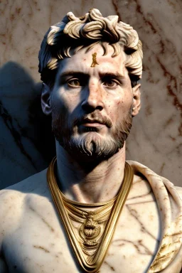 Realistic image, Roman sculpture made in marble with gold veins, Lionel messi, gold laurel leaves crown, waist up portrait,marble material, gold ornaments, Renaissance style, sun rays background, epic, celestial, cinematic lighting, God lights, 4k resolution, smooth details, soft lighting, unreal engine 5, art station, substance 3d.