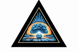 a nuclear explosion cloud, behind an orange glowing omega like shape, all inside an equilateral triangle opening, that is like a doorway to a different world, radiant lines, 1960s commercial art