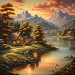 An exquisite oil painting capturing a dreamlike paradise, with a charming little farmhouse nestled by a calm lake. The farmhouse, with its rustic appeal, contrasts against the serene water, surrounded by a lush, verdant forest and rolling hills. The background unfolds into a dramatic landscape, featuring towering mountains and a stunning sunset sky that casts warm, vibrant hues across the scene. The artist's mastery is evident in the seamless blend of traditional oil painting techniques with the