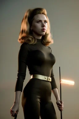 retro portrait image from 1960, explosion, long hair, young Scarlett Johansson, classic black tight lycra suit, metal stick weapon, gold bracelet and belt, high heel boots, soft color, highly detailed, unreal engine 5, ray tracing, RTX, lumen lighting, ultra detail, volumetric lighting, 3d, finely drawn, high definition, high resolution.