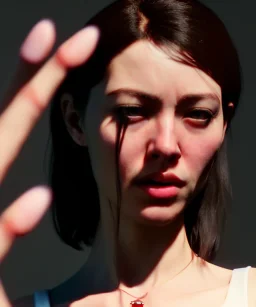 Ultra Realistic image portrait, medium shot view, woman making the fuck you finger gesture, highly detailed, unreal engine 5, RTX, ultra detail, volumetric lighting, finely drawn, high definition, high resolution.