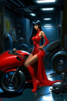 A digital painting by Kuniyoshi and Hajime Sorayama of a beautiful gynoid in a red dress standing in a cyberpunk motorcycle garage.