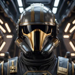 star wars bald male corellian pilot wearing gunmetal grey and black First Order TIE pilot armored flightsuit and helmet with gold trim inside the jedi temple, centered head and shoulders portrait, hyperdetailed, dynamic lighting, hyperdetailed background, 8k resolution, volumetric lighting, light skin, fully symmetric details