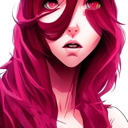 crystal clear blue eyes, and dark pink hair, dot eyebrows, woman, angry expression, pointy ears, long hair, sexy, young, beautiful