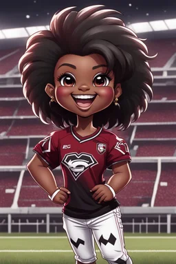 A sassy thick-lined airbrush cartoon image of a black chibi girl standing in front of a football stadium. She is wearing gamecocks jersey Garnet, black and white jersey blouse and tight white jeans behind her curvy body. Looking up coyly, she grins widely, showing sharp teeth. Her poofy hair forms a mane framing her confident, regal expression. Prominent makeup with hazel eyes. Hair is highly detailed.