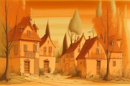 A light brown and light rosy orange village with banana trees designed in Bayeux tapestry painted by Caspar David Friedrich
