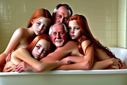 digital art of beautiful young auburn hair teenage girls with dad in the bedroom in a bathtub with grandpa hugging bare lips