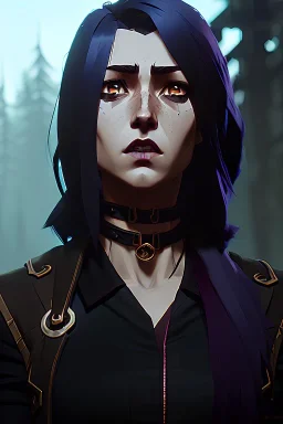 young female post-apocalyptic survivor, flannel jacket, shoulder-length hairstyle, black lace choker, dark eyeshadow, black eyeliner, high arch angular eyebrows, head and shoulders portrait, 8k resolution concept art portrait by Greg Rutkowski, Artgerm, WLOP, Alphonse Mucha dynamic lighting, hyperdetailed, intricately detailed, Splash art trending on Artstation