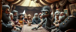 fascist dynasty soap opera, entire cast, photo shoot, posing, movie poster, with posters in it, close up portrait of hairy fluffy polymer clay cute female happy worried monster with realistic human colored and textured skin, and long sleek limbs and with studio lights, on a luxury ornate tent buss, talking to his aunt