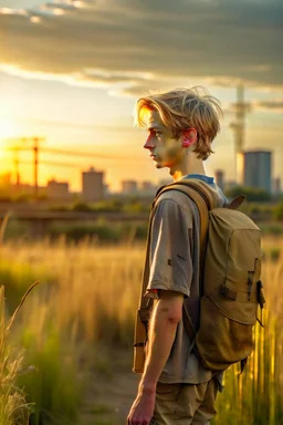 A profile photo of a handsome fifteen year old boy wearing an old backpack standing in a field with an abandoned city skyline on the horizon, delicate features, messy short blond hair, wearing a tank top, shorts and boots, sunset, tall grass, bright colours, lonely landscape, cinematic photography, high resolution, high quality, highly detailed.