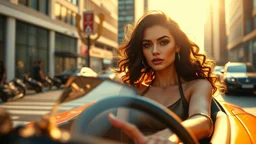 Create an ultra-realistic cinematic 8K fullbody of lady mode skin texture, add makeup,pretty boots,curvy long hair. Style: fashion editorial, confident is driving a Lamborghini SC20 in streets of a modern city. Lighting: warm golden hour sunlight, soft rim light. Camera look: shallow depth of field, film grain, cinematic color grade.