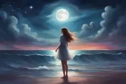 Create a digital painting of a dreamy, ethereal girl standing by the sea under the moonlight with stars shining above. Use vivid colors to bring the scene to life and capture the captivating beauty of the night.