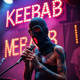 a very thin swedish man, with a skimask with only a hole for the mouth (no eyes), he is called "KEBAB MAN" performing at death metal club, his name is "KEBAB MAN" kebab rolls On stage, kebab Neon lights and smog, and "KEBAB MAN" big sign on the wall, kebab tribal tattooes, spinning kebab machines, flames and smoke, chaos, he singing with mic,