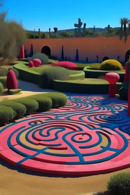 A rosy pink mystical labyrinth with puzzling paths designed in ancient Greek pottery painted by Joan Miro