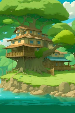 a house, a tree, a river, ghibli style
