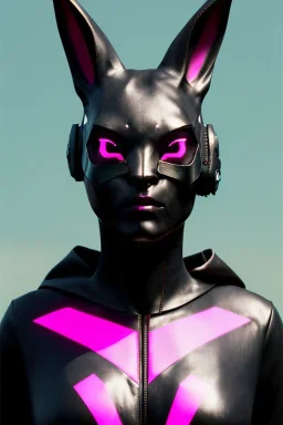 Medium Close Up Portrait, Front image. cyberpunk, rabbit mask, sweet woman, black hair and beard. latex suit army. Pink, black, color. Cyber futuristic style. Color background, photo studio. Avatar image, highly detailed, concept art, smooth, unreal engine 5, ray tracing, RTX, lumen lighting, ultra detail, volumetric lighting, 3d, finely drawn, high definition, high resolution.