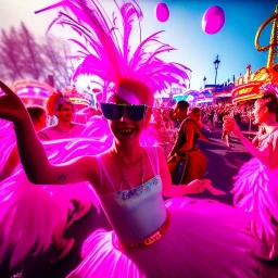 Ultra Realistic photo, medium shot view, drunken dancer women, carnival scene, steampunk. Pink hair, confeti, Sunglasses, smoking, happy, festival, red fog. highly detailed, concept art, unreal engine 5, ray tracing, RTX, lumen lighting, ultra detail, volumetric lighting, 3d, finely drawn, high definition, high resolution.