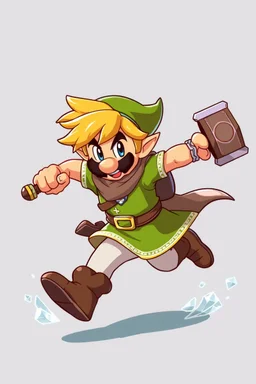 Male Fantasy RPG character, chaabi kawaii Mario proportions, lord of the rings inspiration, with hammer, in a bounding run, animation character