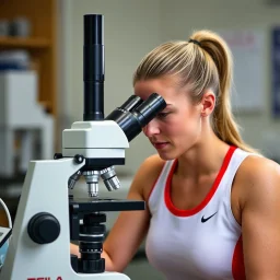 Female athlete using a microscope.