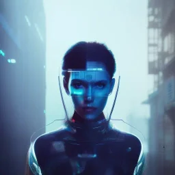 double exposure of a futuristic cyberpunk woman in an alien city by alessio albi --v 4