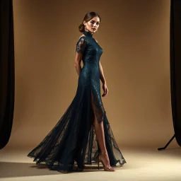 Full-body fashion editorial photograph of an elegant and beautiful woman. She is wearing a sophisticated, delicate dark cyan lace evening gown with modest coverage and matching high heels. Captured in a high-end luxury studio setting with soft, dramatic studio lighting that highlights the texture of the lace. Graceful posture, professional model pose, realistic skin textures, cinematic atmosphere, haute couture style in a luxury stage.