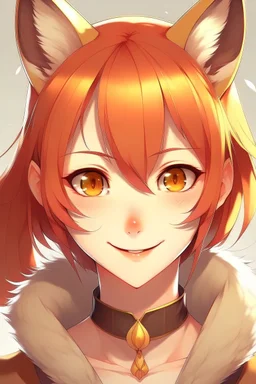 A female with very short red hair, gold eyes, large fox ears, slight smile, pale skin anime