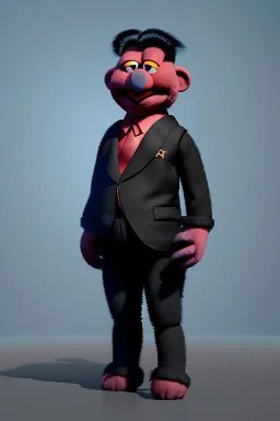 Waist up muppet Portrait, Kim Jong-un muppet doll, black suit, photo studio, red background, unreal engine 5, concept art, art station, god lights, ray tracing, RTX, lumen lighting, ultra detail, volumetric lighting, 3d.