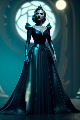 Scarlett Johansson as evil queen in black leather gown, cleavage, angry, stern look, unreal 5, octane render,cinema4d, dynamic lighting, dramatic lighting, 4k, redshift render, highly detailed, hyper realistic