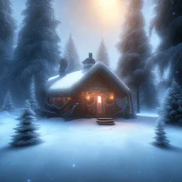 Mysterious christmas night, a lonely hut, surreal atmosphere, cosmic backdrop, celestial ambience, soft lighting, very chilly appearance of the surroundings, unreal engine 5 volumetric lighting, intricate details, realistic style, 8k resolution