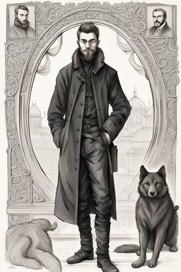 man, age 20, medieval, fighter, russian, croocked nose, czar, rich, simple clothes, short messy hair, thick beard, oligarch, leather coat with fur, brocade clothes, pencil drawing, black or red hair