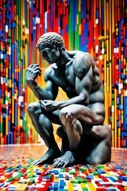 Artistic photo in the audacius style of Jill Greenberg, upclose striking image about "The Thinker statue", the statue as main focus in a white room with his body covered in movie scene shadows playing on the body about news and movie scenes. Exploding into the air are colourful matrix data and virtual numbers, on the floor are broken pieces of statue, questioning the role of deep thought in an increasingly digital and disconnected world