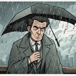 a closeup of a bored psychopath in a heavy coat during a rainstorm cartoon