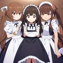 Clear focus, High resolution, Rough line, cute, anime style, big eyes, red eyes, sparkling eyes, brown hair, red eyes, thick eyelashes, wearing a maid outfit, long twin tails, long bangs, anime screencap