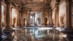 inside a palace in ancient Rome showing rooms, halls, courtyards, luxury, magnificent, marble statues, coloured pictorial tapestries, paintings, sparkling fountains, dream world, calm beauty, fantasy world, magic, splendor, uplifting, inspiring, therapeutic, chiaroscuro, color, award-winning colour photograph, beautiful composition, exquisite detail, Nikon 35mm