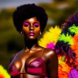 masterpiece, best quality, woman, dark skinned, sparkling eyes, fluorescent skin, colorful makeup, afro, full body shot, highly detailed body, sun light, 4K, RAW, depth of field, high contrast, realistic details, 24mm