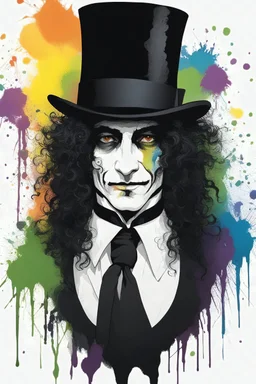 full color, A scary man with long curly black hair, wearing a top hat, black tuxedo and tie, against a black wall with multicolored paint splatter