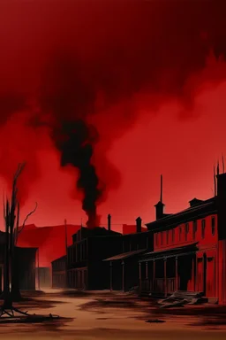 A dark red old western town covered in smoke painted by Andy Warhol