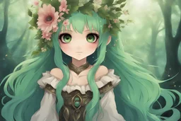 Anime child of life daughter of the forest friend to all the critters the maiden of flowers green hair deep dark enchanted forest