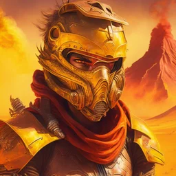 A portrait of a biker racer wearing full golden armour, in a desert with a volcano background. Magic the gathering style art. Diesel punk. Red ambient. Cyborg. Mask.