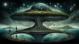 one alone human stands on deep dark colors floating island. the island floatings over normal neurotipical lifes on landscape with many little humans. this weird dreamlike inner world with neurodivergens soul and mind,, Whimsical strange style of Chagall, of Bosch of giger and Anton Semenov. weird absurd beauty nightmare, in background neuronic network, Whimsical surreal vibe, cinematic
