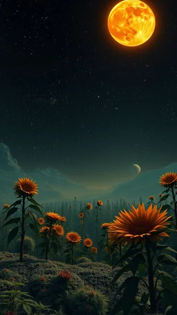 Orange moon landscape on green planet, space meteorites, stars in the night sky, fantasy plants on theof marijuana trees split toning effect, subsurface gaussian scattering, dark fantasy, dark botany, photorealistic image, ultra-details, sunflowers trees