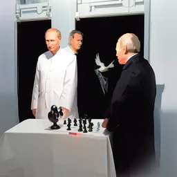 Putin, President Xi Of China And Joe Biden Play Chess With A Pigeon,Ufo And Atomic Bomb Mushroom Cloud,Complex Surgical Instruments Intermixed With A Newborn Boy,Minimalism,Painting By Adrian Ghenie,Rene Magritte,Pablo Picasso,Michelangelo,Salvador Dali,Lucian Freud